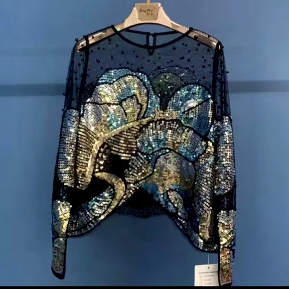 Luxury Women Sequins Floral Embroidery Golden Blouses - Picture 4 of 6